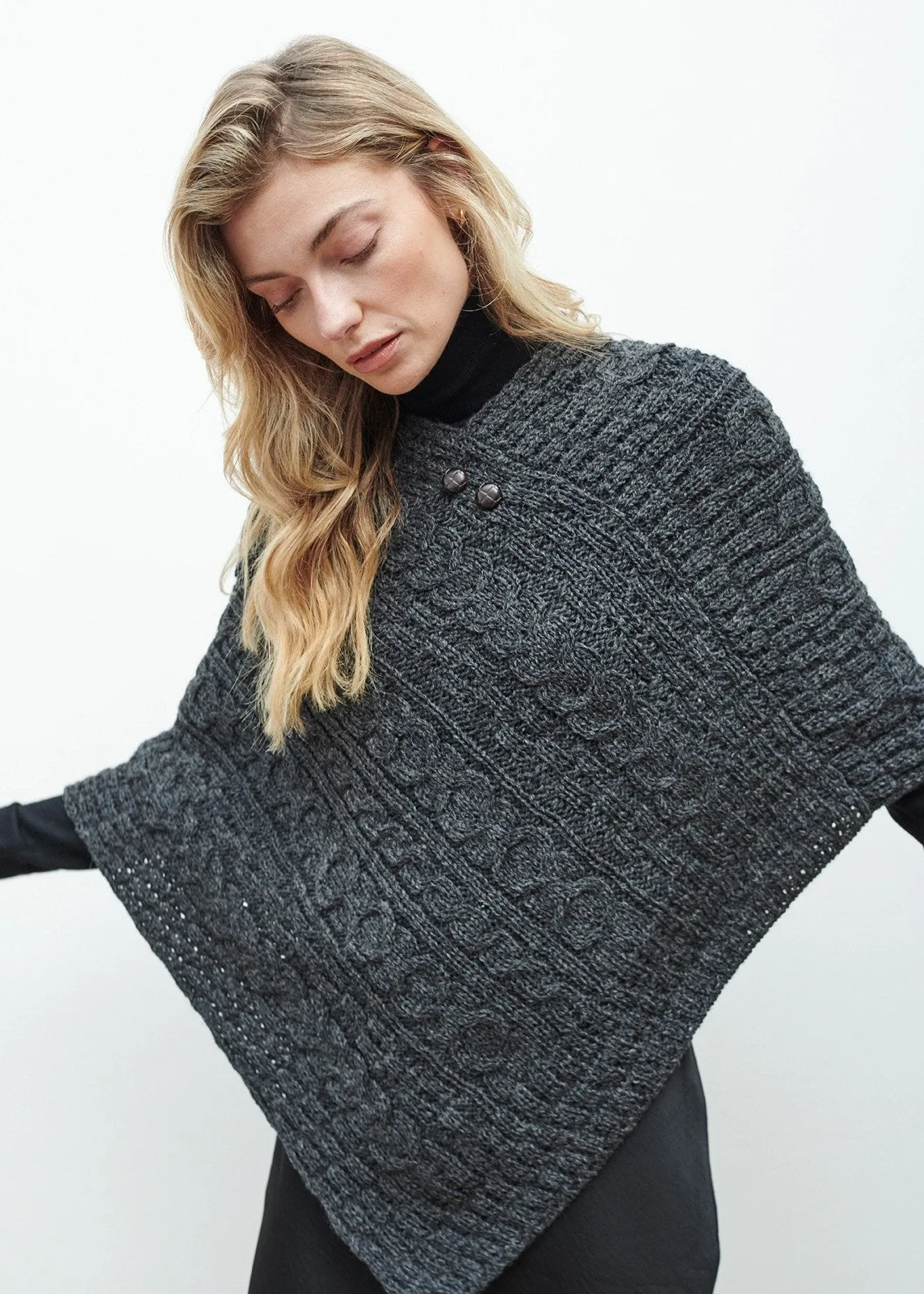 Aran Cable Knit Wool Poncho | Clearance