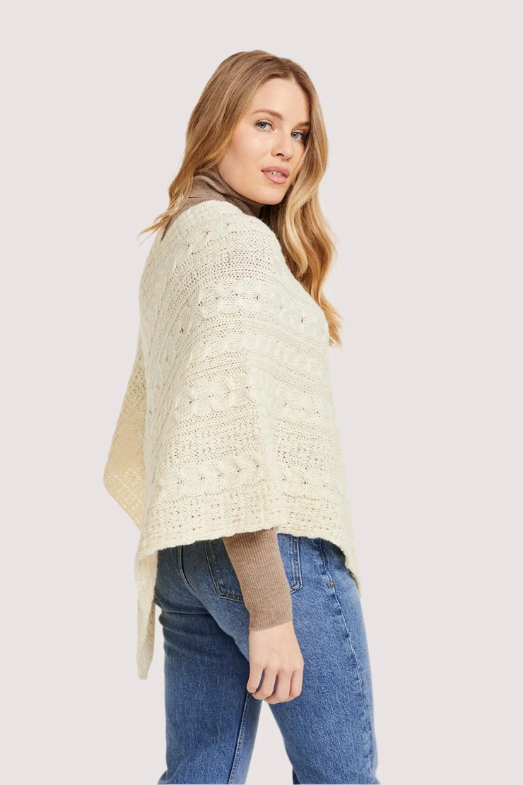 Aran Cable Knit Wool Poncho | Natural