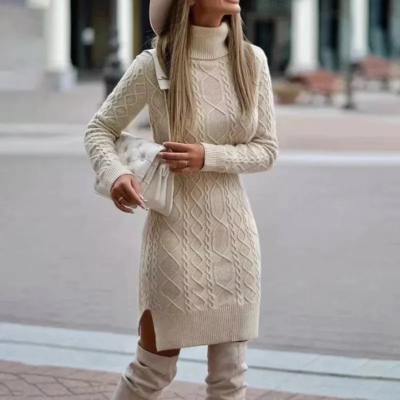 Autumn Winter Knitted Turtle Neck Long Sleeve Dress