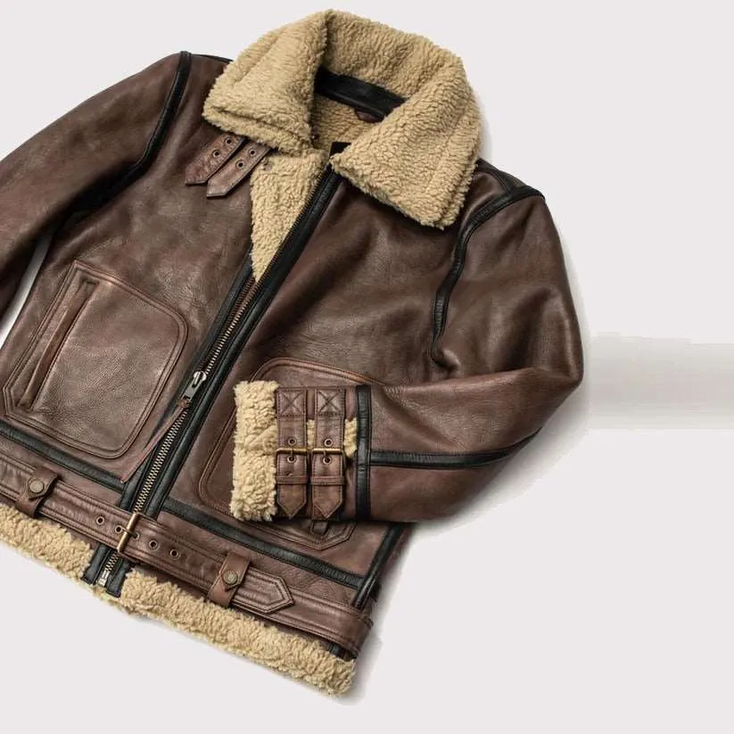 Aviator Brown Shearling Leather Jacket for Men