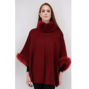 Baby Alpaca Cape with Fur Trim - Crimson / Long