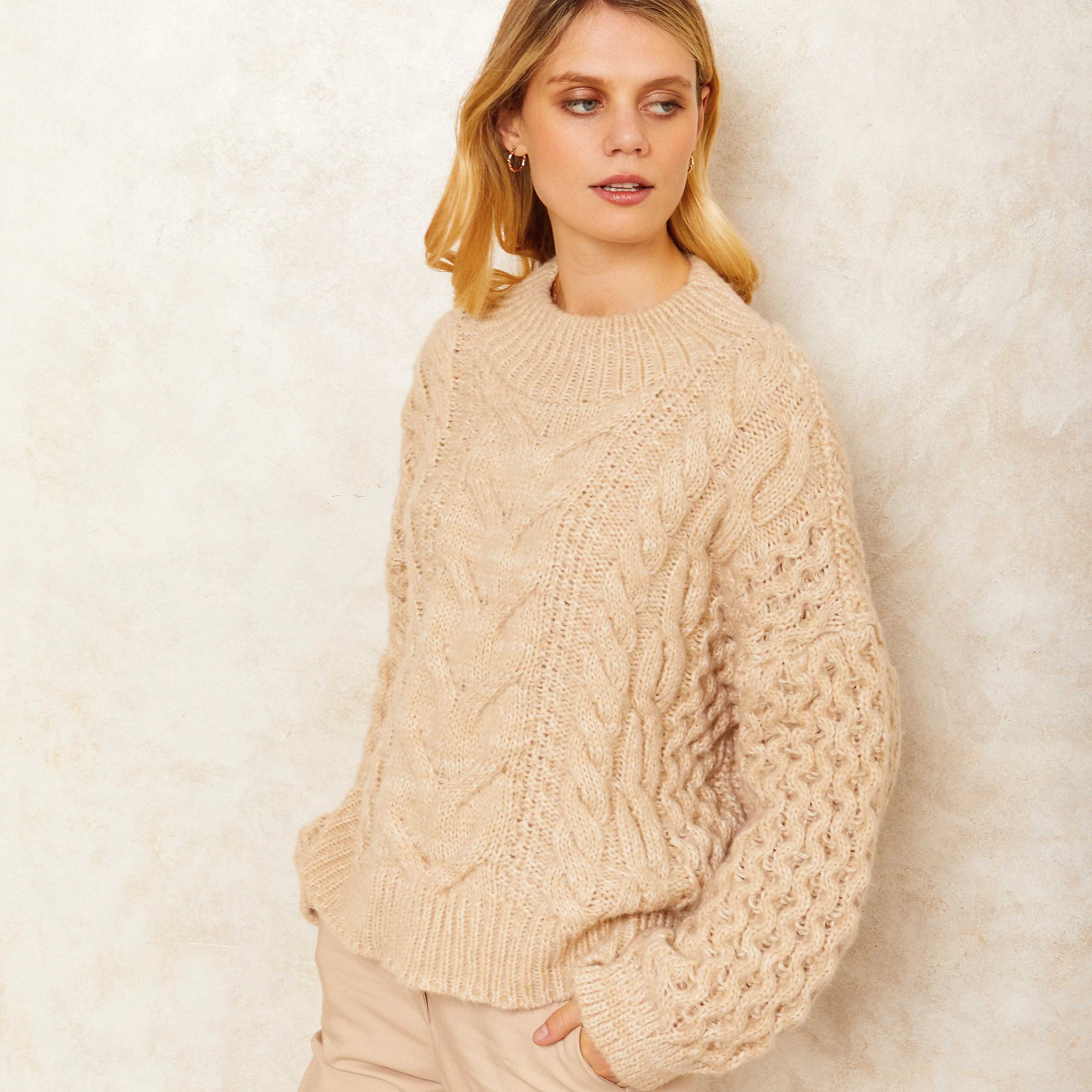 Bella Cable High Neck Jumper - Biscuit