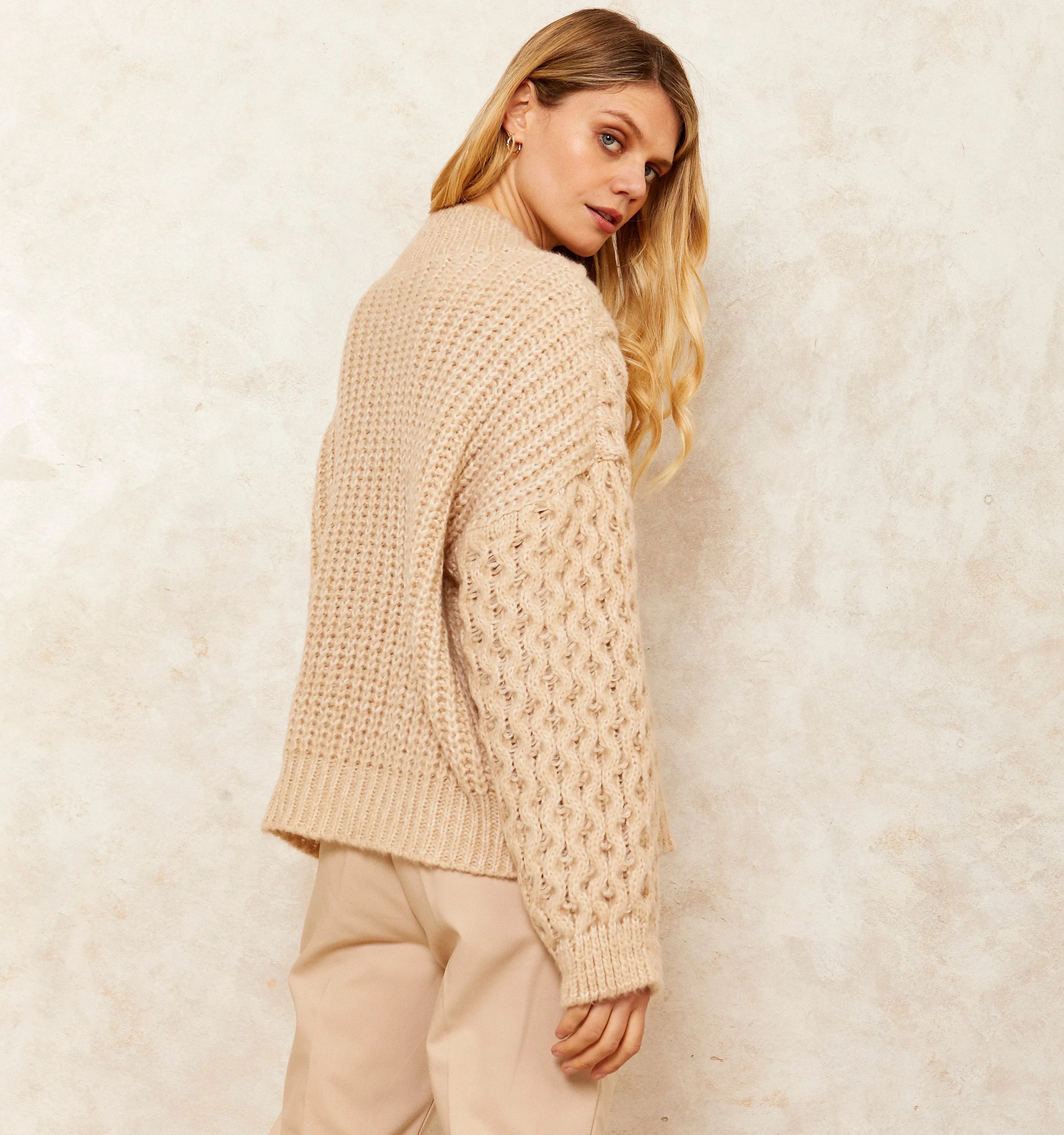 Bella Cable High Neck Jumper - Biscuit