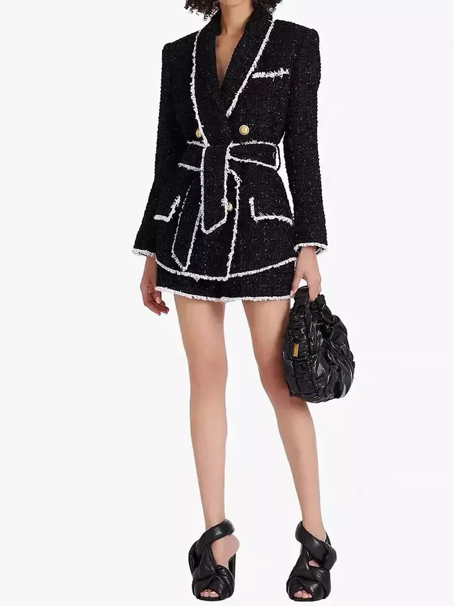 Belted Black with White-Trim Double-Breasted Tweed Jacket and Short Set