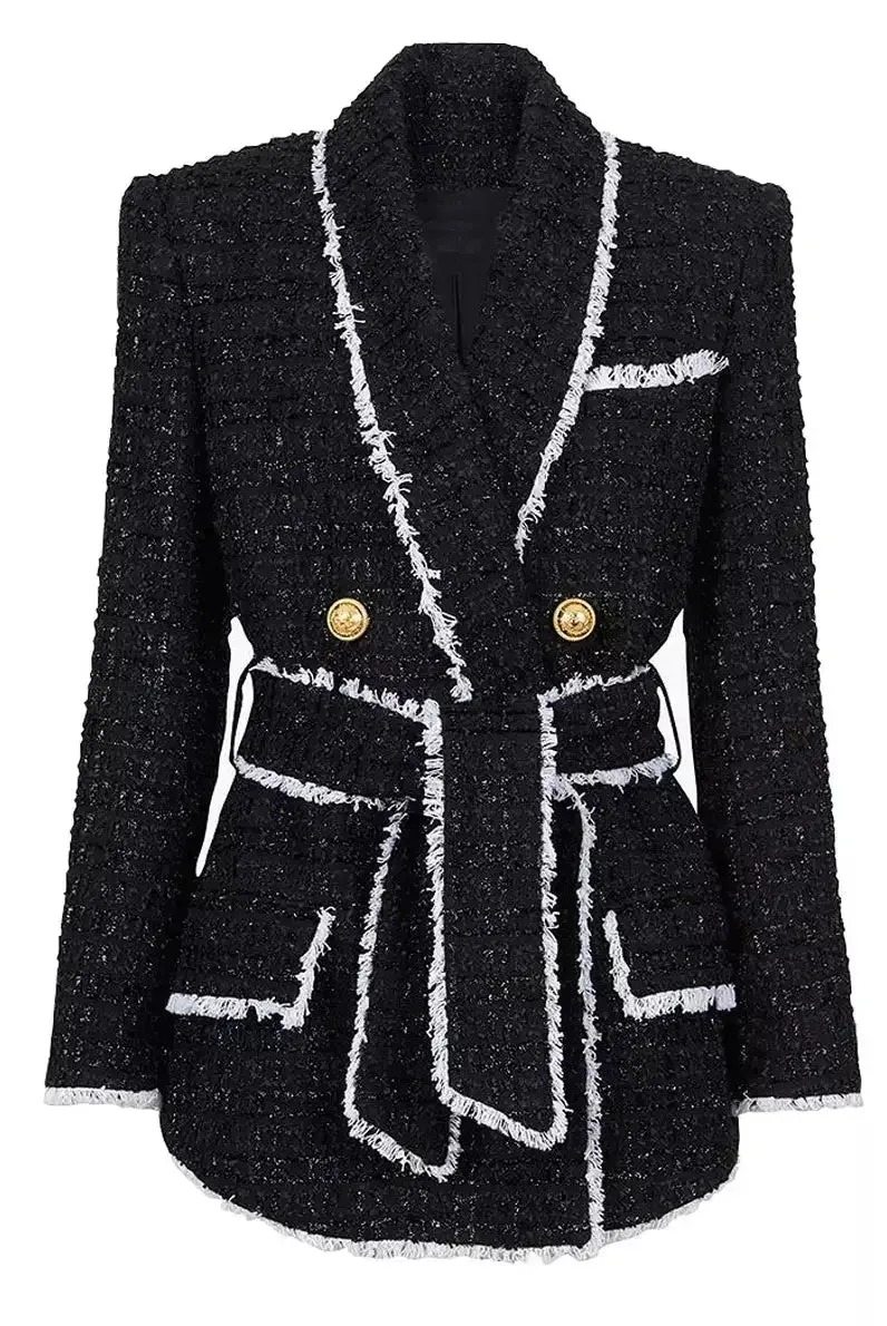 Belted Black with White-Trim Double-Breasted Tweed Jacket and Short Set