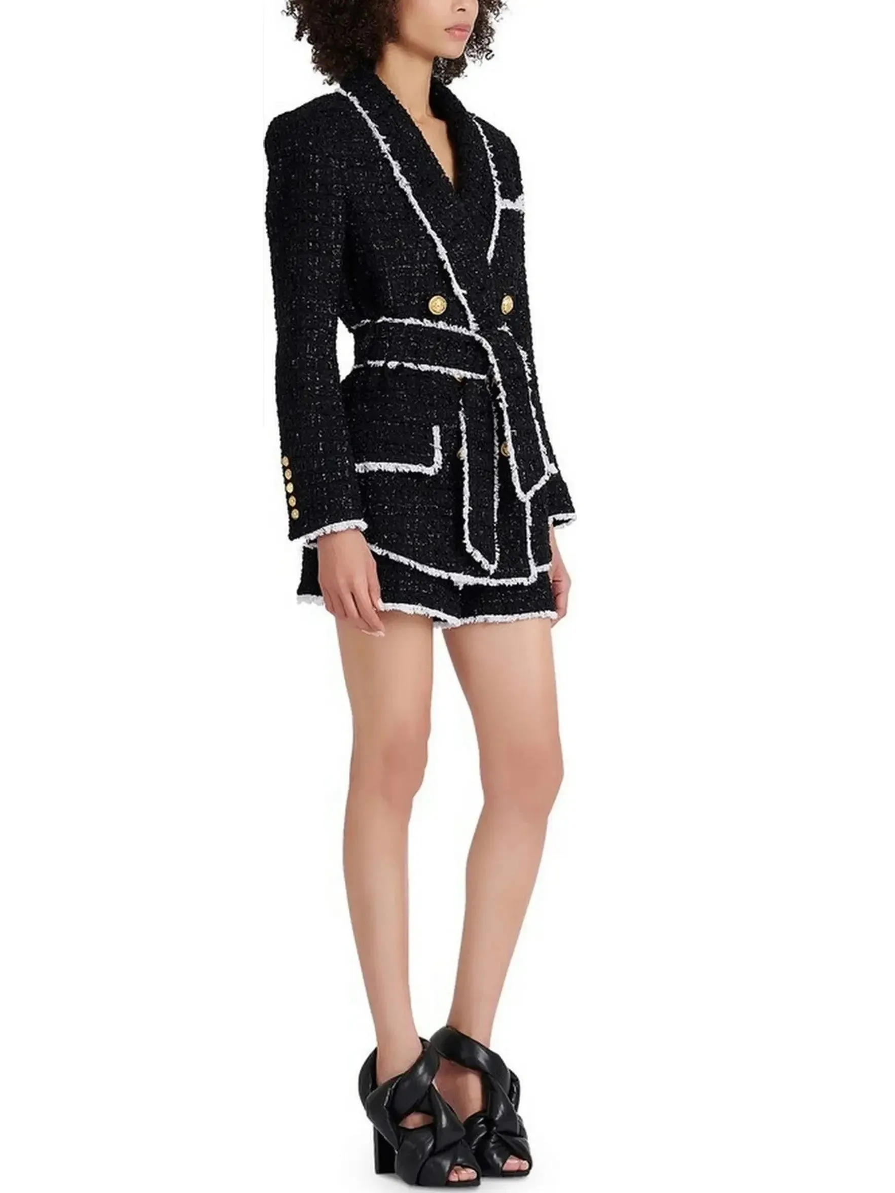 Belted Black with White-Trim Double-Breasted Tweed Jacket and Short Set