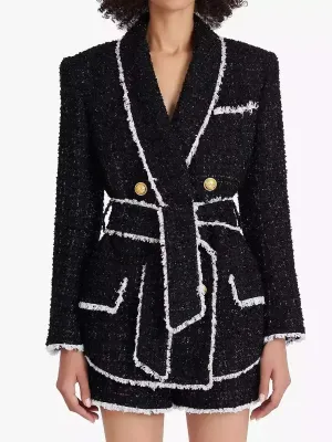 Belted Black with White-Trim Double-Breasted Tweed Jacket and Short Set