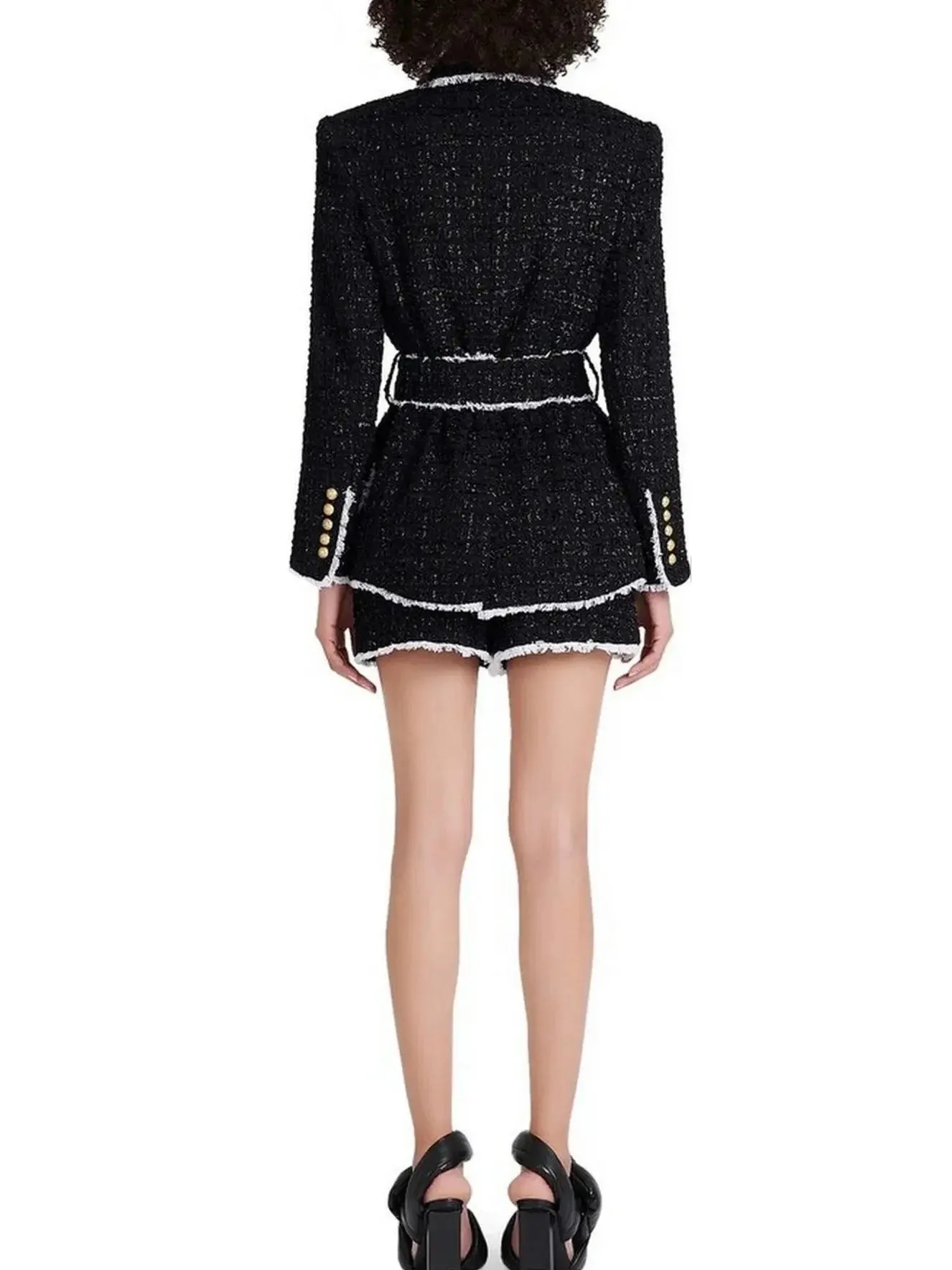 Belted Black with White-Trim Double-Breasted Tweed Jacket and Short Set