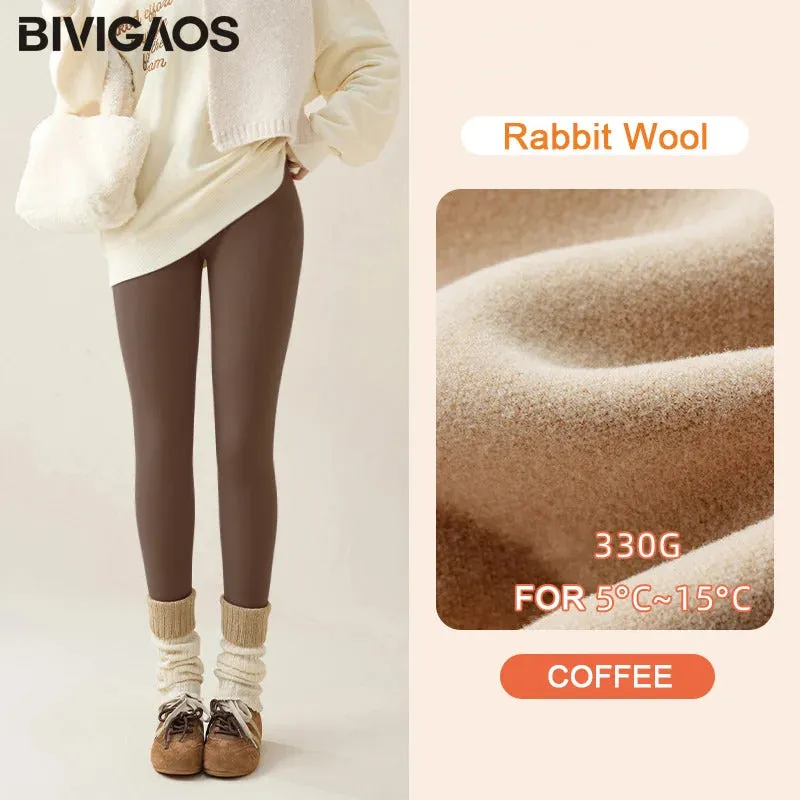 BIVIGAOS New Autumn Winter Rabbit Fleece Sharkskin Leggings Women Casual Basic Thicken Warm Leggings Brown Fleece Lined Tights