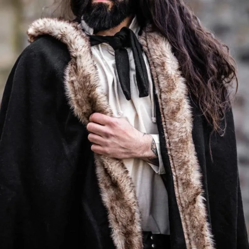 Black Hooded Viking Cloak | Brown Faux Fur Trim