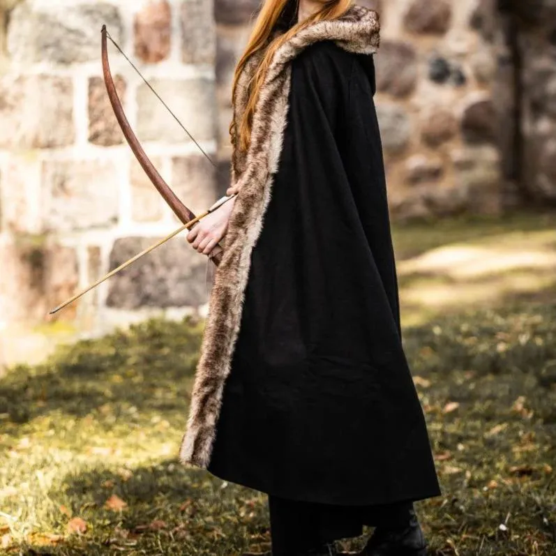 Black Hooded Viking Cloak | Brown Faux Fur Trim