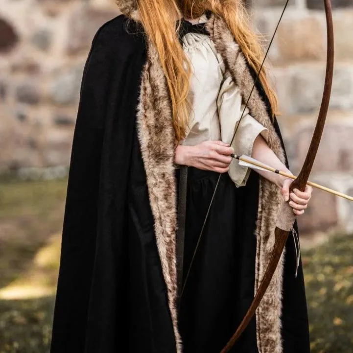 Black Hooded Viking Cloak | Brown Faux Fur Trim