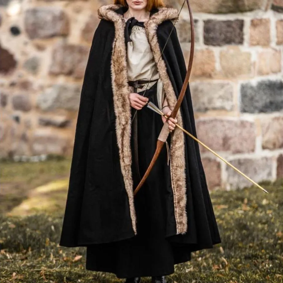 Black Hooded Viking Cloak | Brown Faux Fur Trim