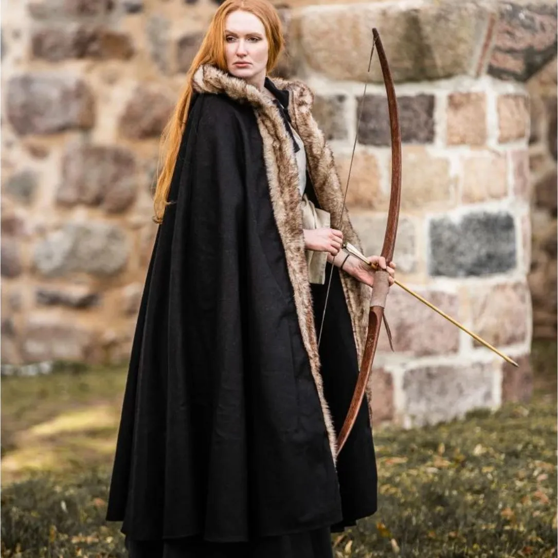 Black Hooded Viking Cloak | Brown Faux Fur Trim