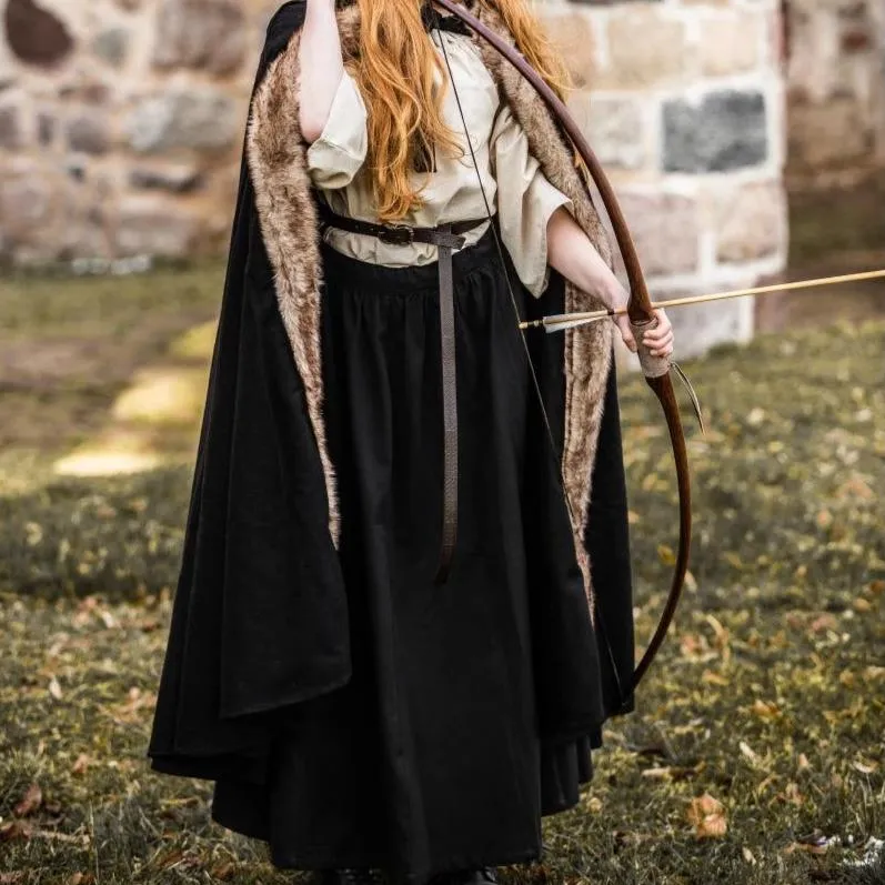 Black Hooded Viking Cloak | Brown Faux Fur Trim