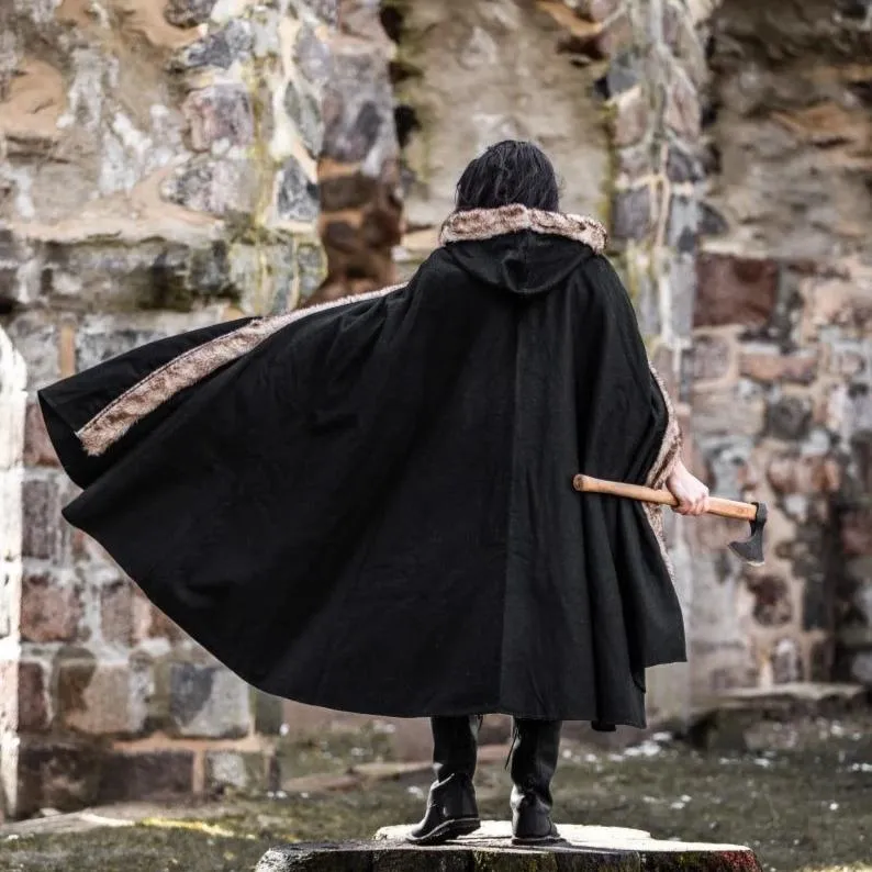 Black Hooded Viking Cloak | Brown Faux Fur Trim