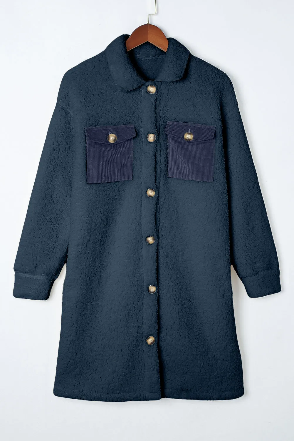 Blue Zone Planet |  Blue Contrast Flap Pocket Single Breasted Teddy Coat