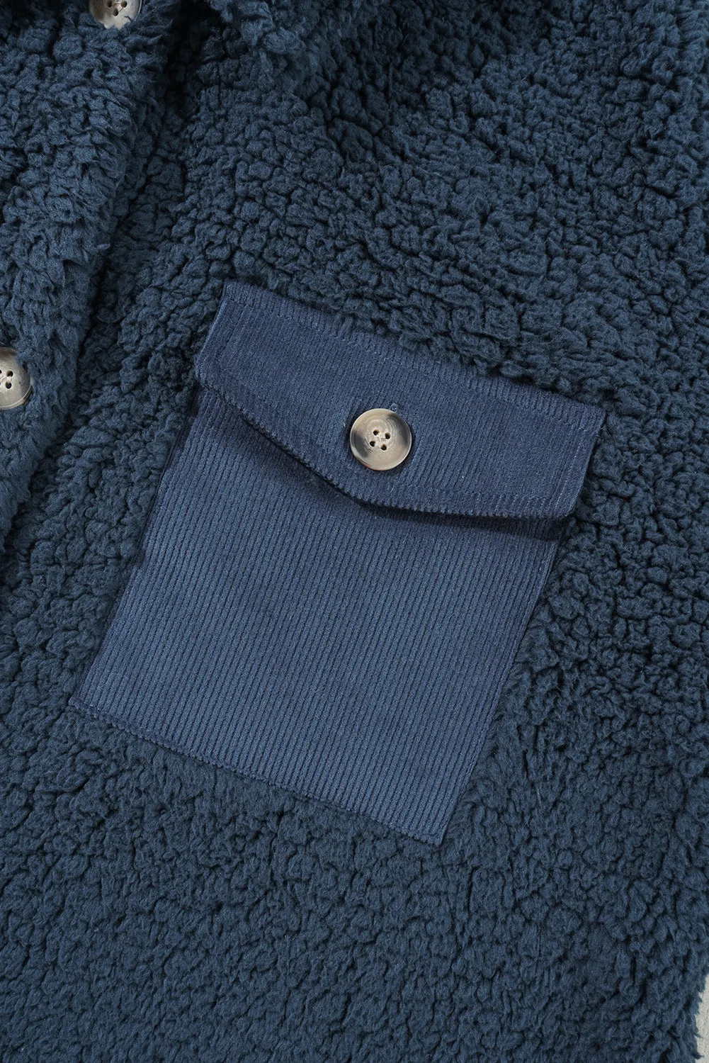 Blue Zone Planet |  Blue Contrast Flap Pocket Single Breasted Teddy Coat