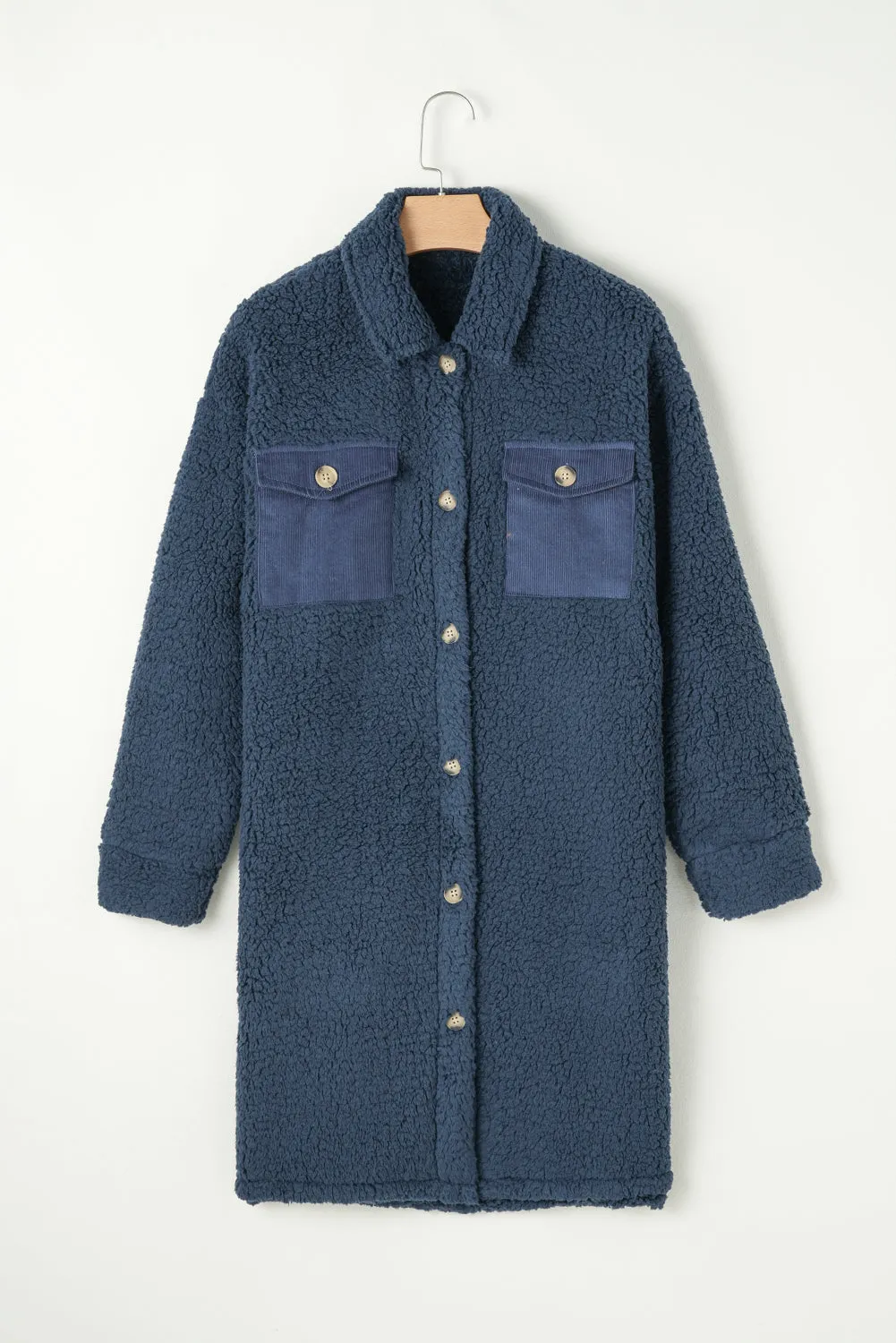 Blue Zone Planet |  Blue Contrast Flap Pocket Single Breasted Teddy Coat