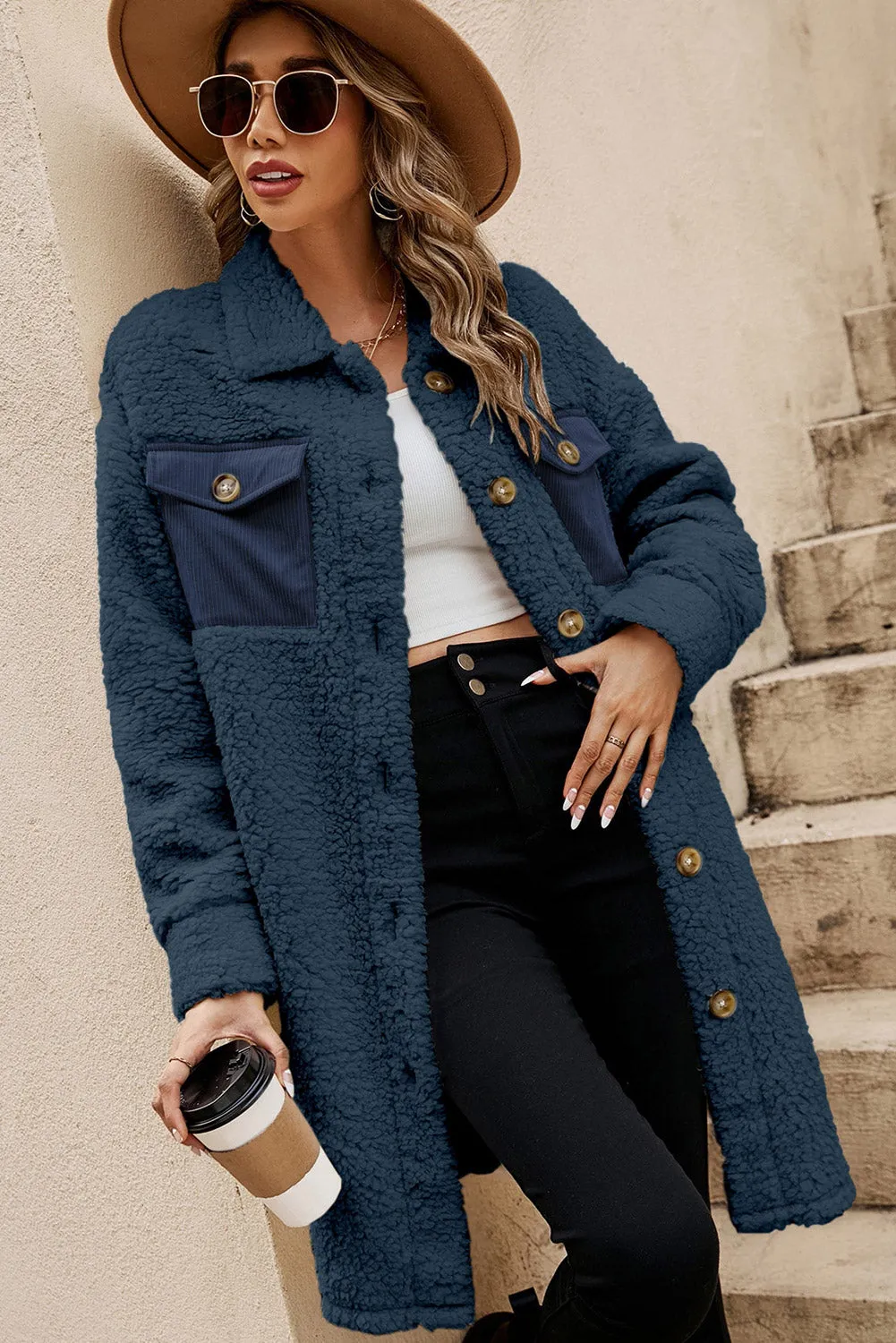 Blue Zone Planet |  Blue Contrast Flap Pocket Single Breasted Teddy Coat