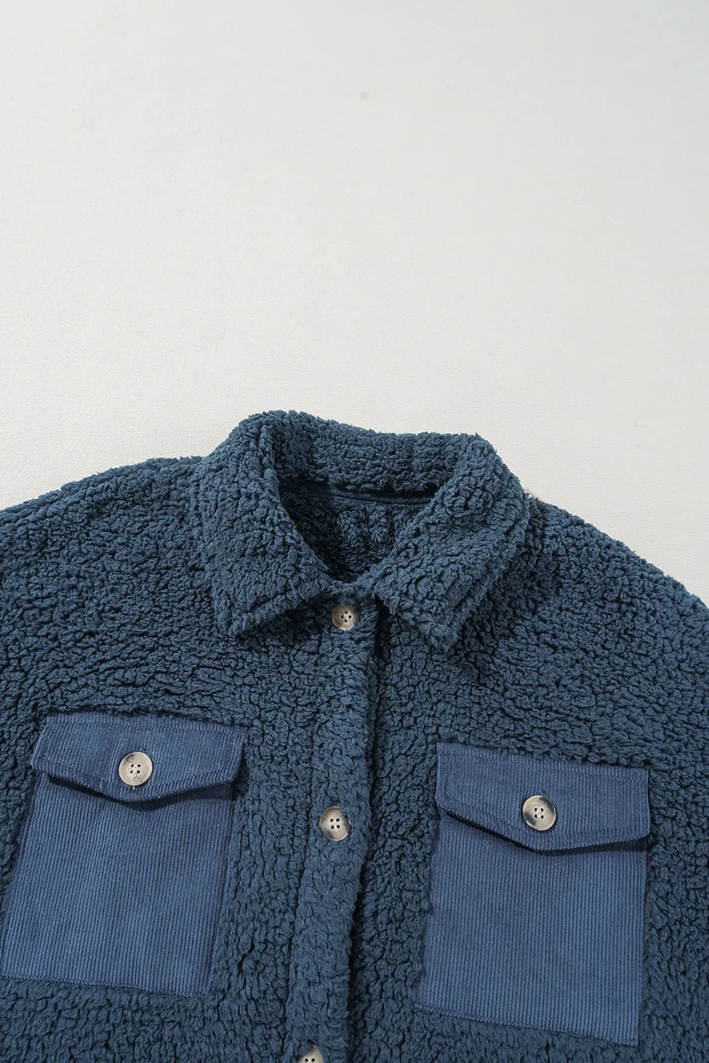 Blue Zone Planet |  Blue Contrast Flap Pocket Single Breasted Teddy Coat