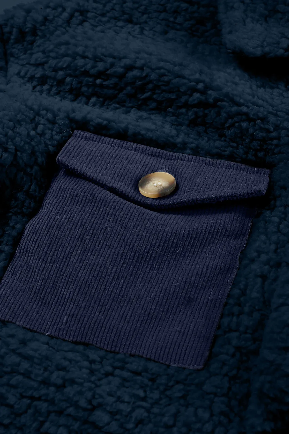 Blue Zone Planet |  Blue Contrast Flap Pocket Single Breasted Teddy Coat