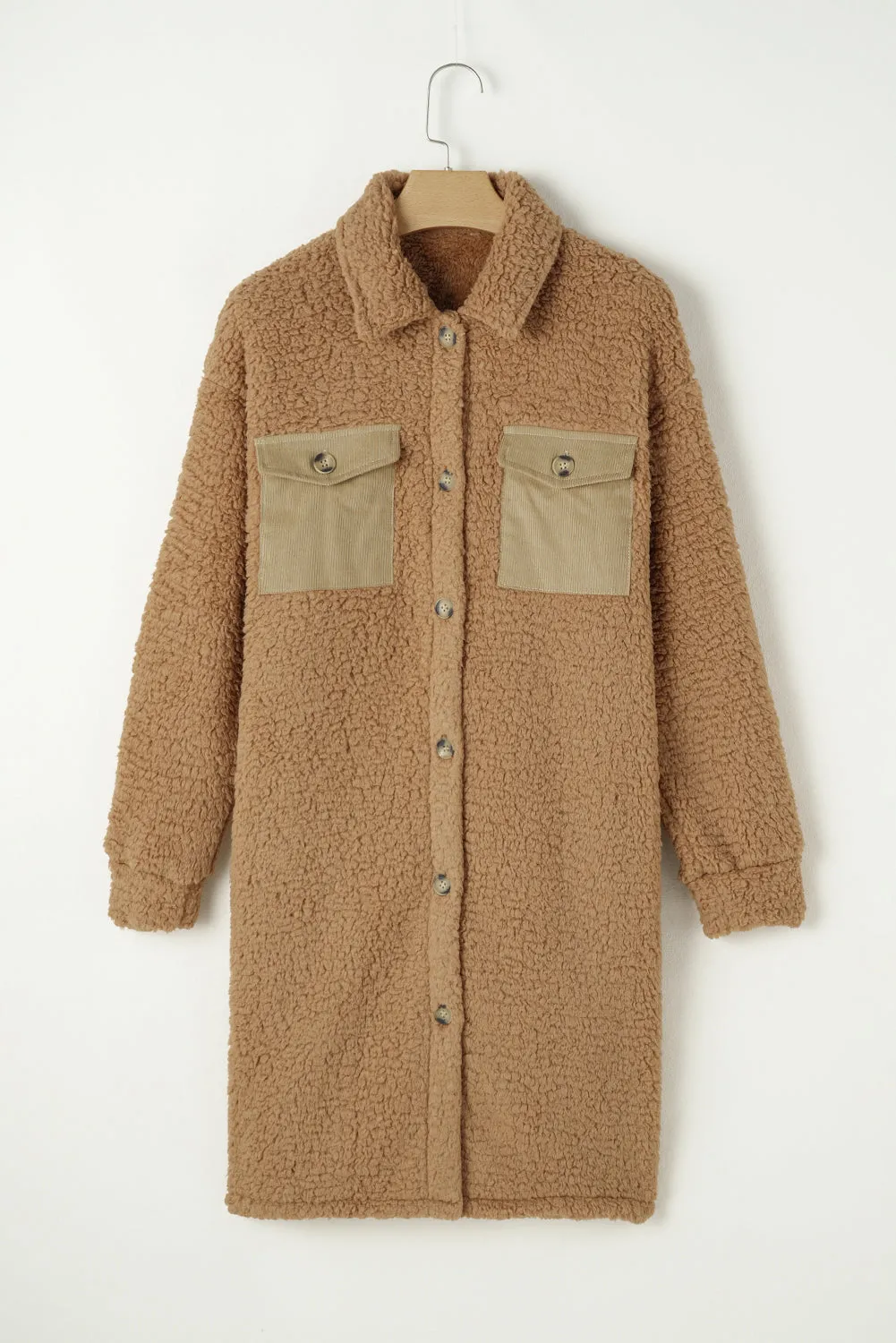 Blue Zone Planet |  Khaki Contrast Flap Pocket Single Breasted Teddy Coat