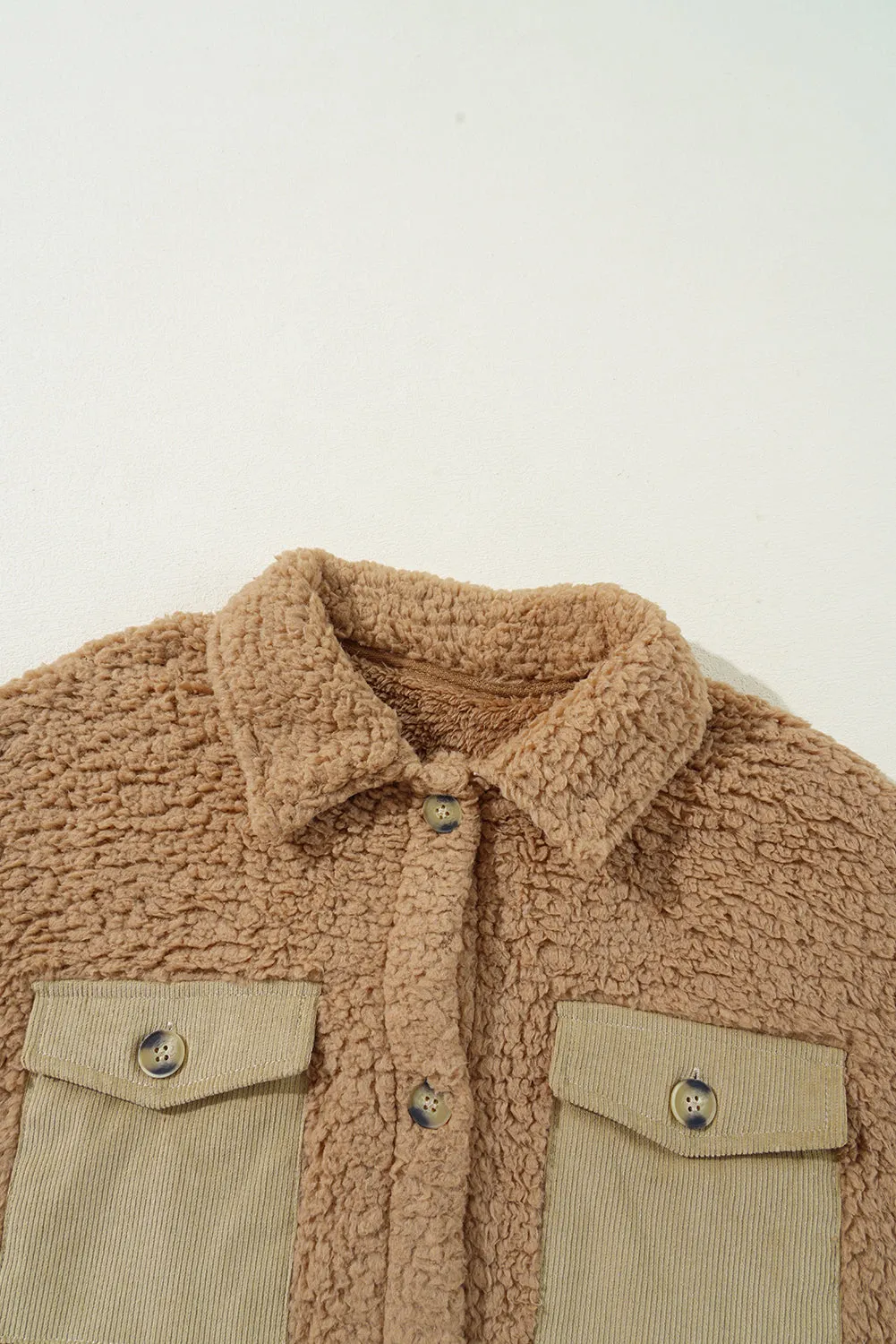 Blue Zone Planet |  Khaki Contrast Flap Pocket Single Breasted Teddy Coat