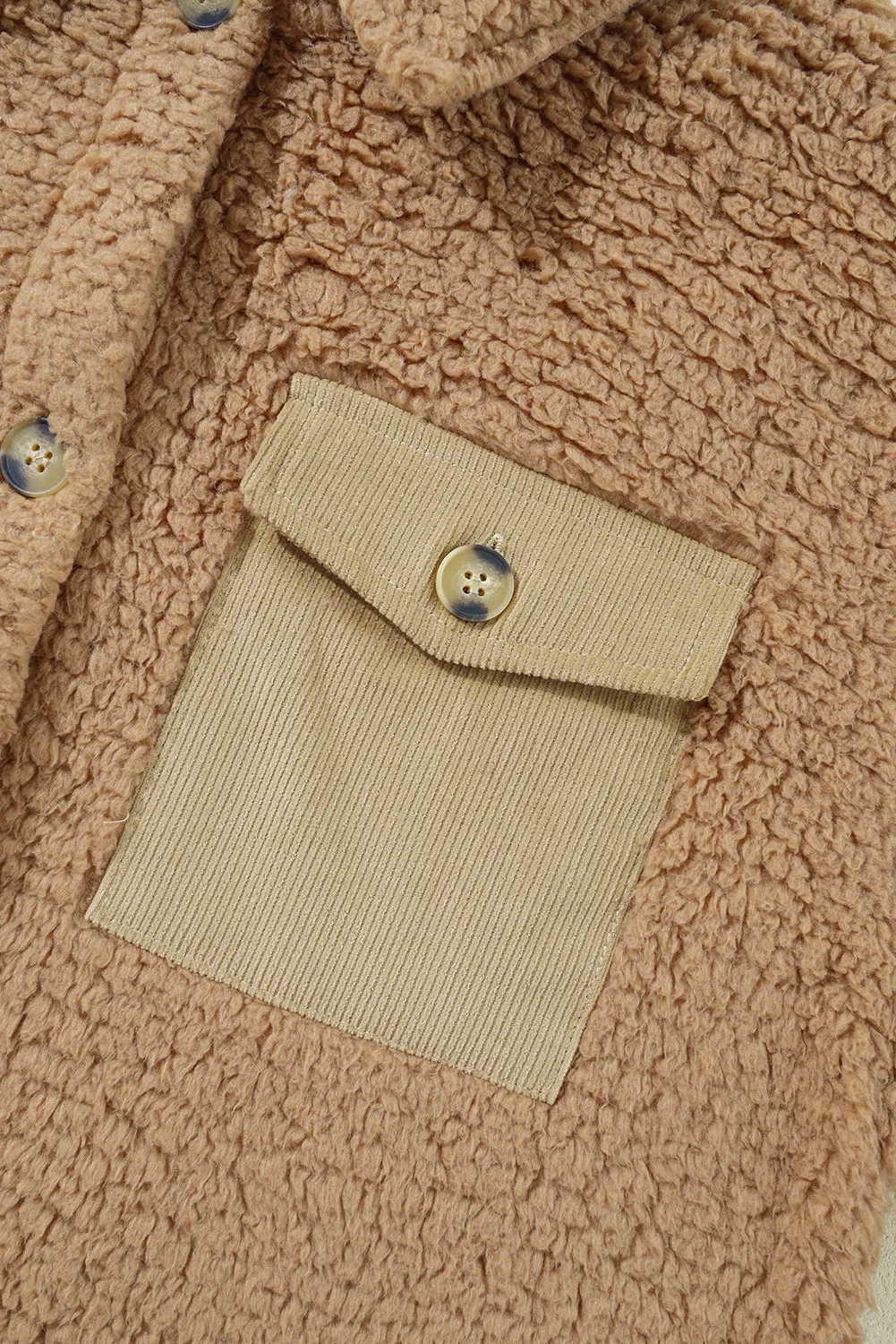 Blue Zone Planet |  Khaki Contrast Flap Pocket Single Breasted Teddy Coat