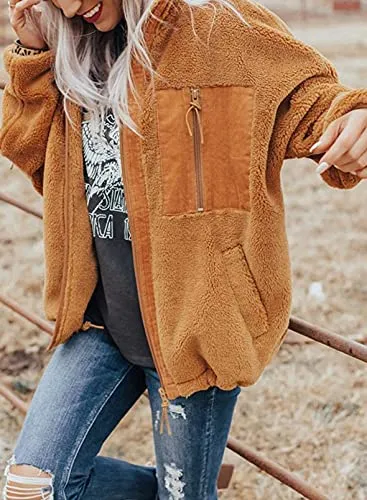 BTFBM Women Long Sleeve Full Zip Jackets Casual Solid Color Loose Fleece Short Teddy Coats Jacket Outerwear With Pockets(Solid Brown, Large)