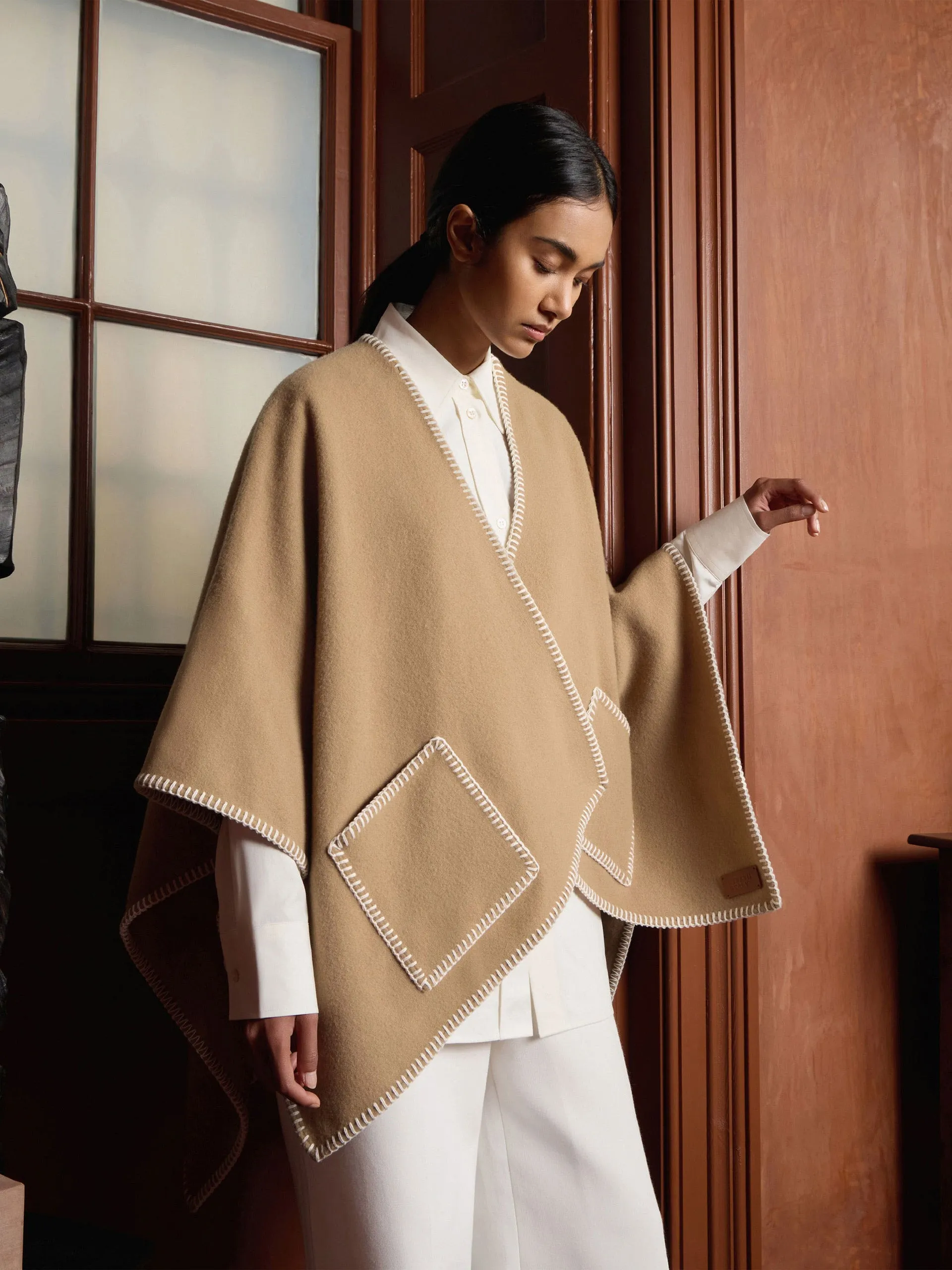 Camel Iona woven pure wool cape