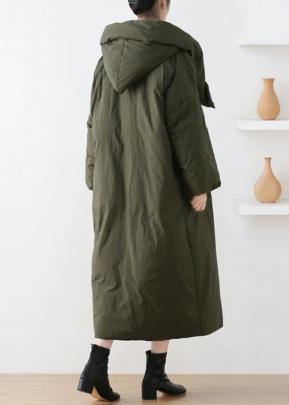 Casual Army Green Turtleneck Zippered Duck Down Hooded Long Down Coat Winter