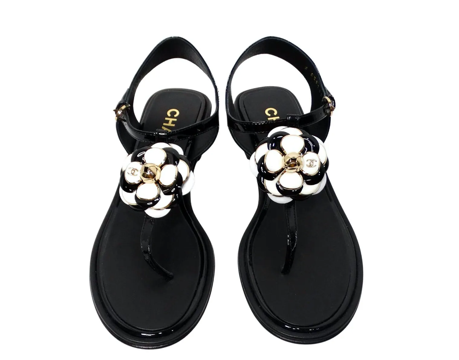 Chanel 2022 Camellia Patent Leather Sandals