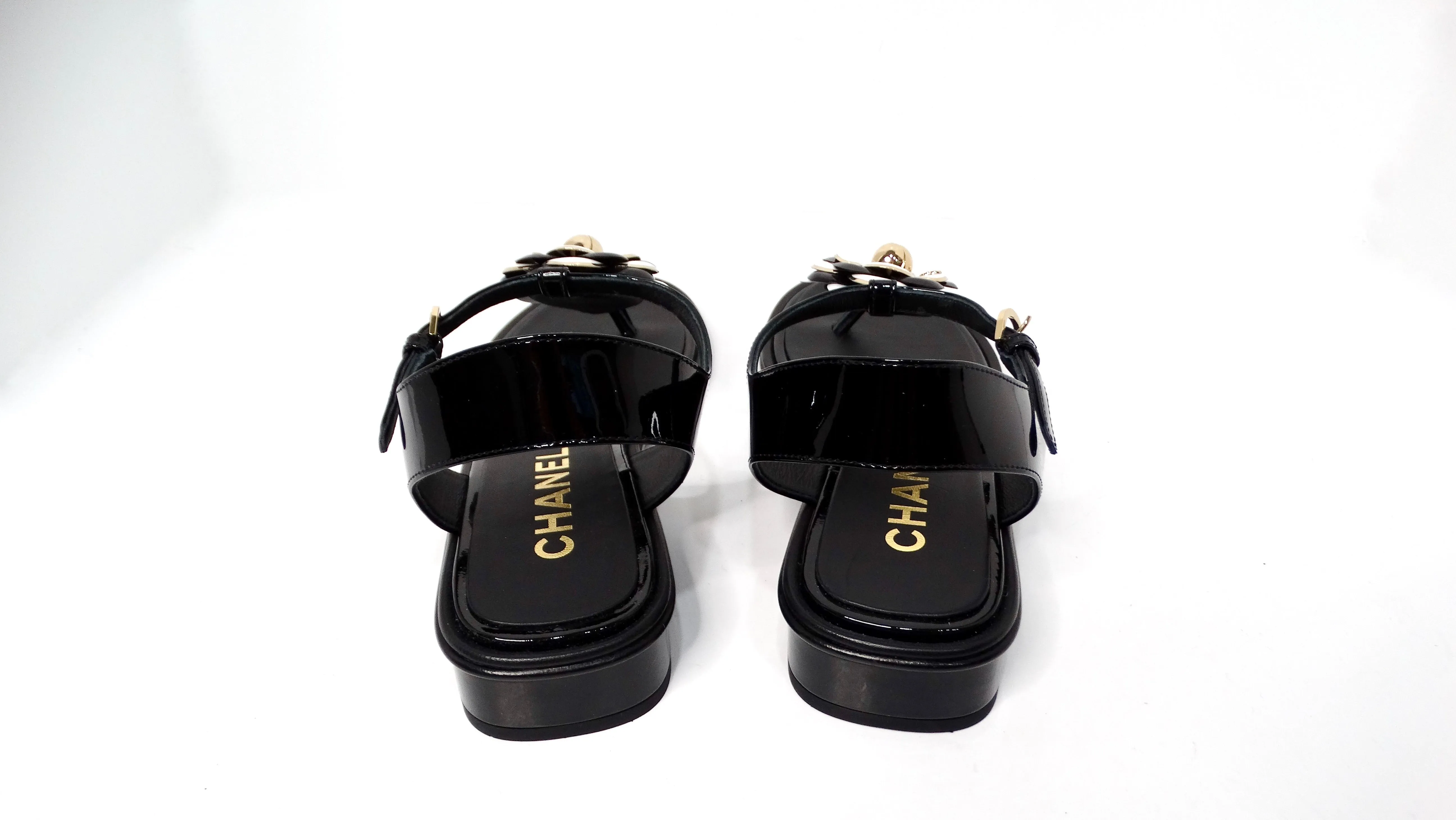 Chanel 2022 Camellia Patent Leather Sandals