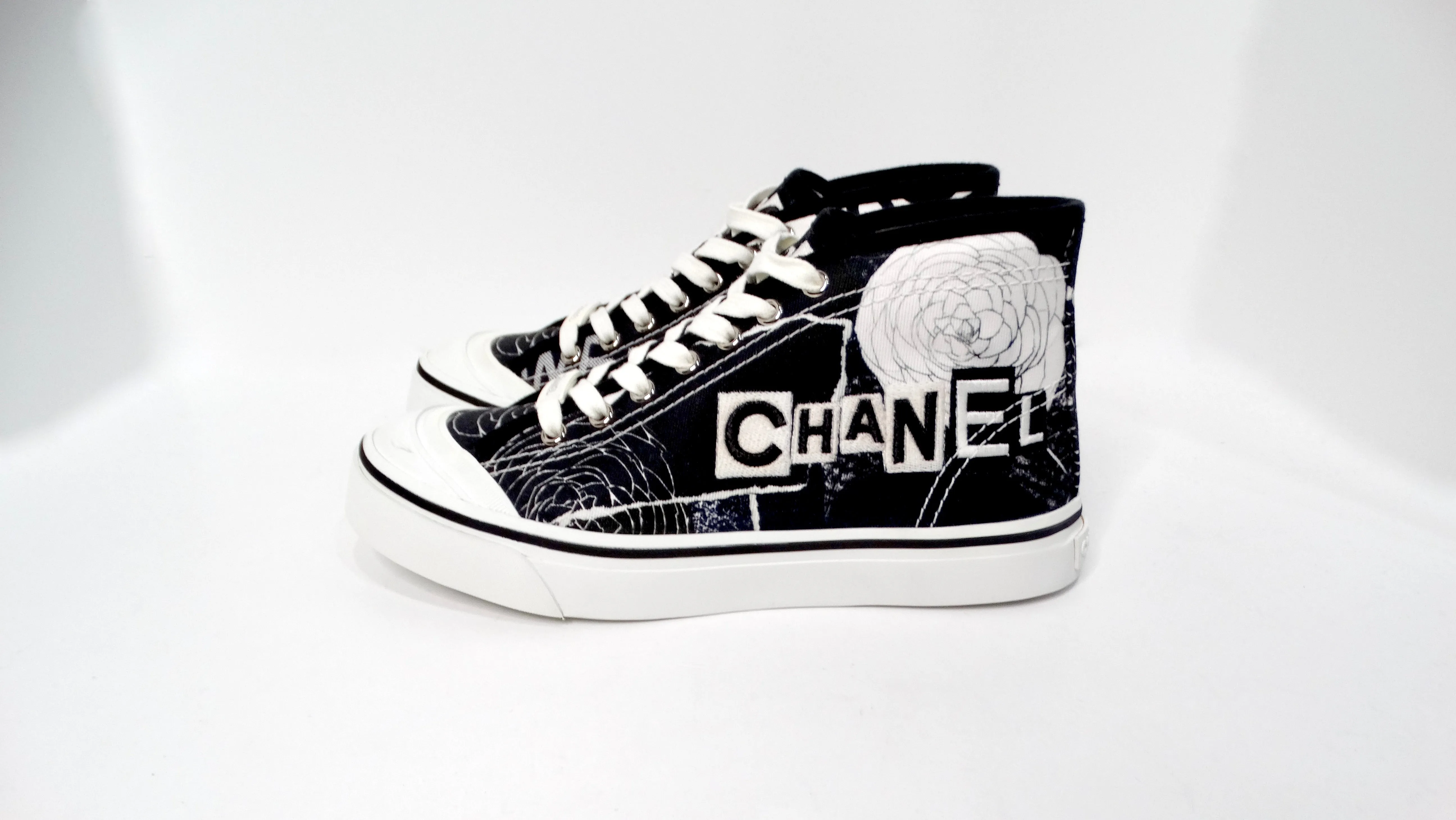 Chanel Black & White Printed Fabric High-Top Camellia Sneakers