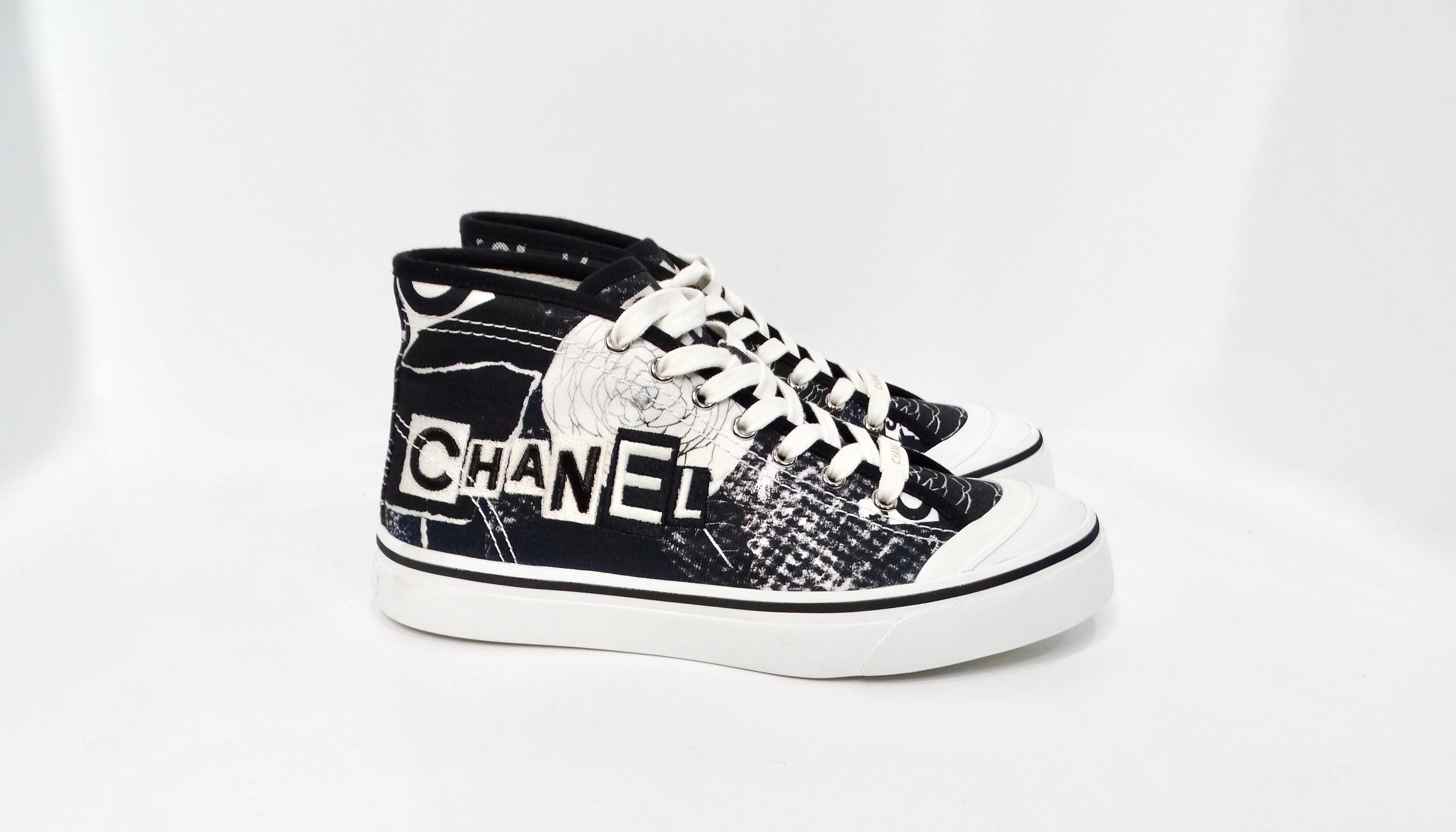 Chanel Black & White Printed Fabric High-Top Camellia Sneakers