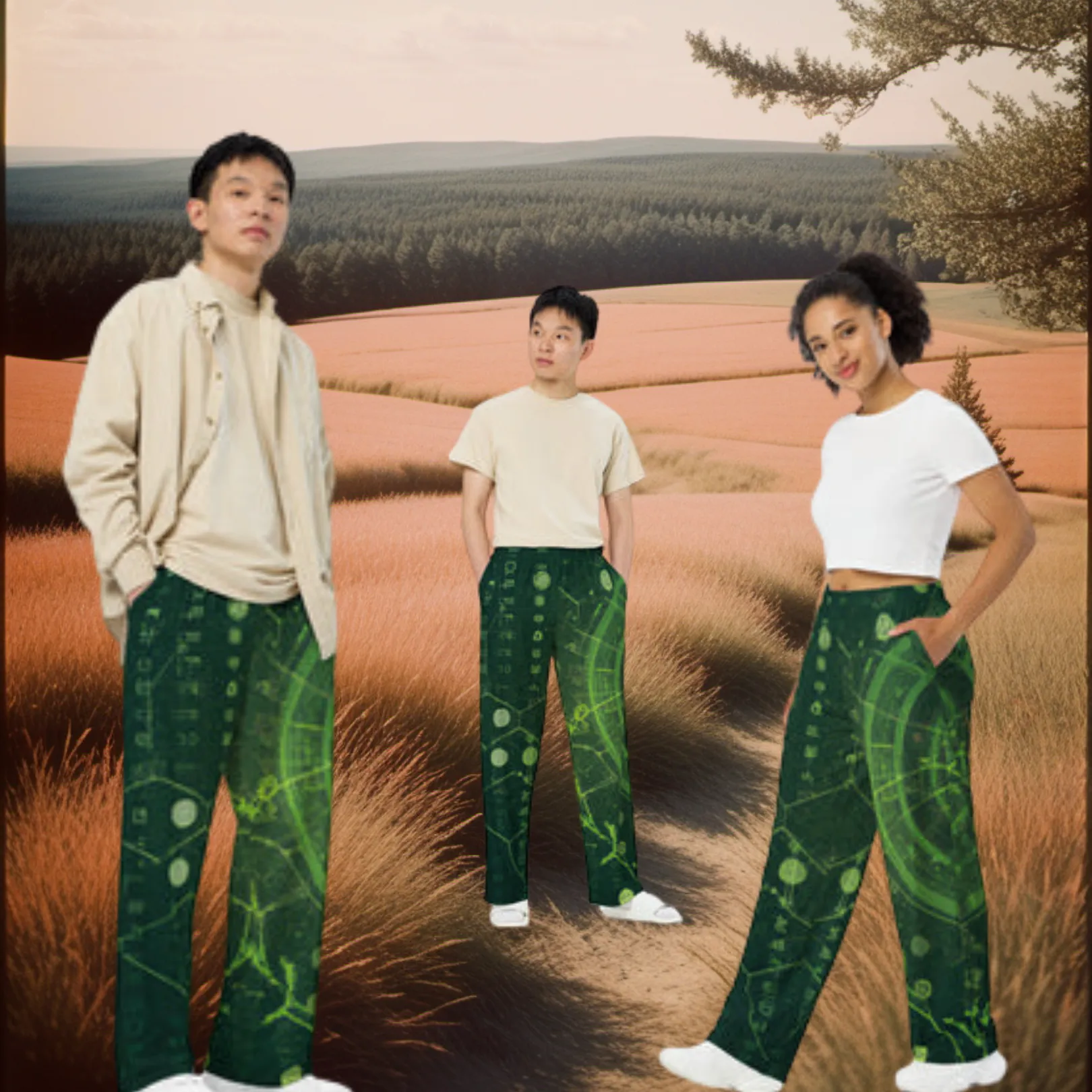 Dark Green Print: Unisex Wide-Leg Pants