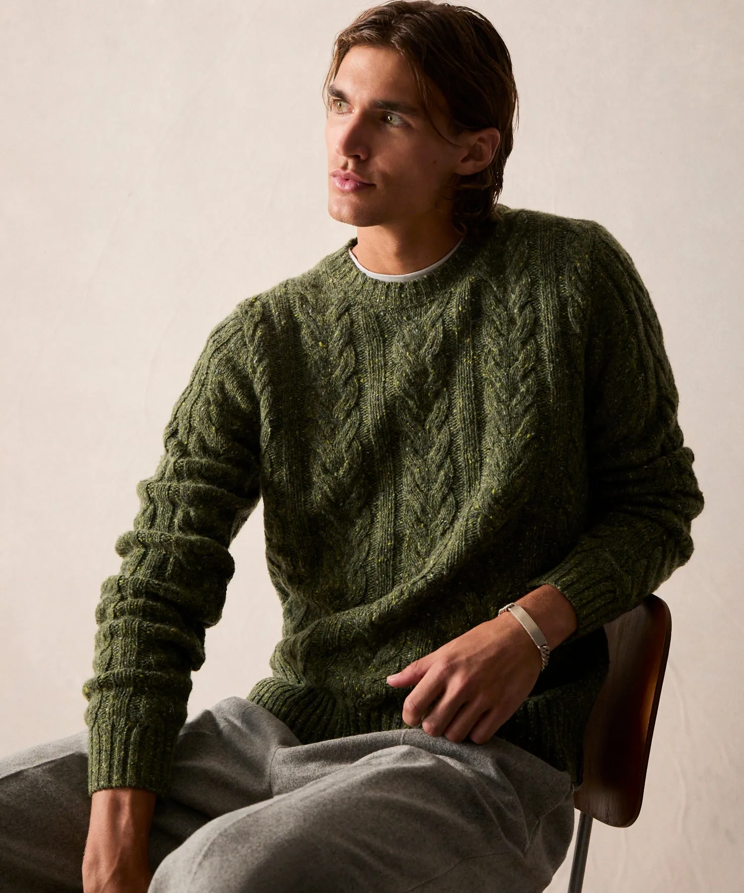 Donegal Cable Crewneck Sweater in Garden Green