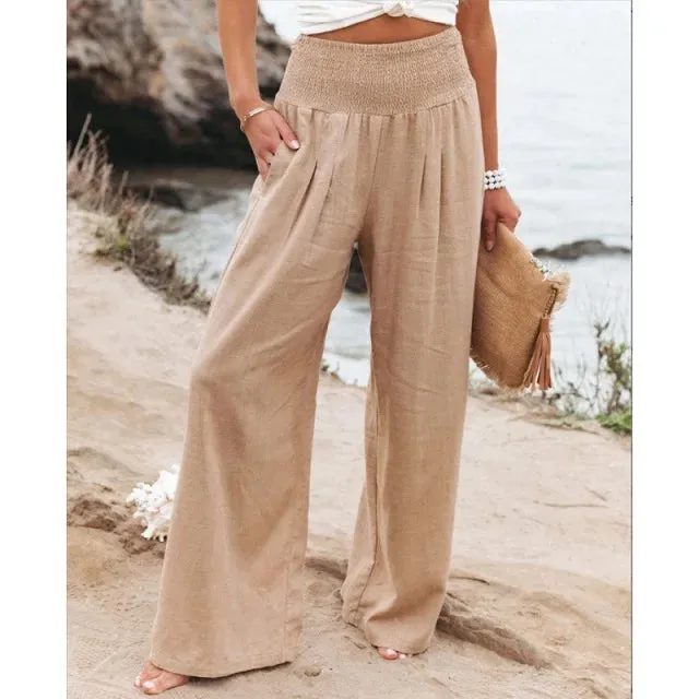 Elastic High Waist Linen Pants