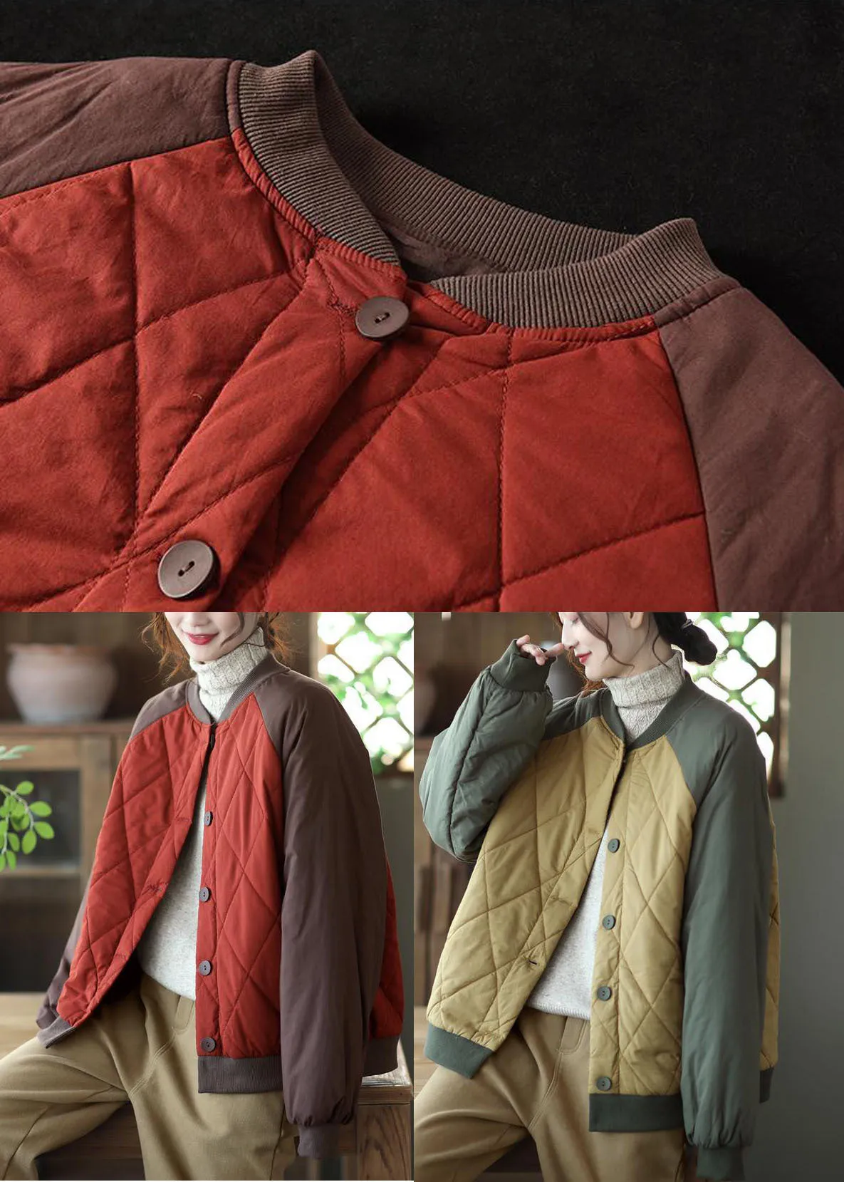 Green Patchwork Thick Fine Cotton Filled Jacket Stand Collar Winter