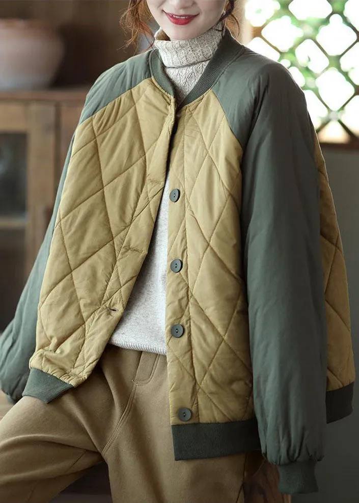 Green Patchwork Thick Fine Cotton Filled Jacket Stand Collar Winter