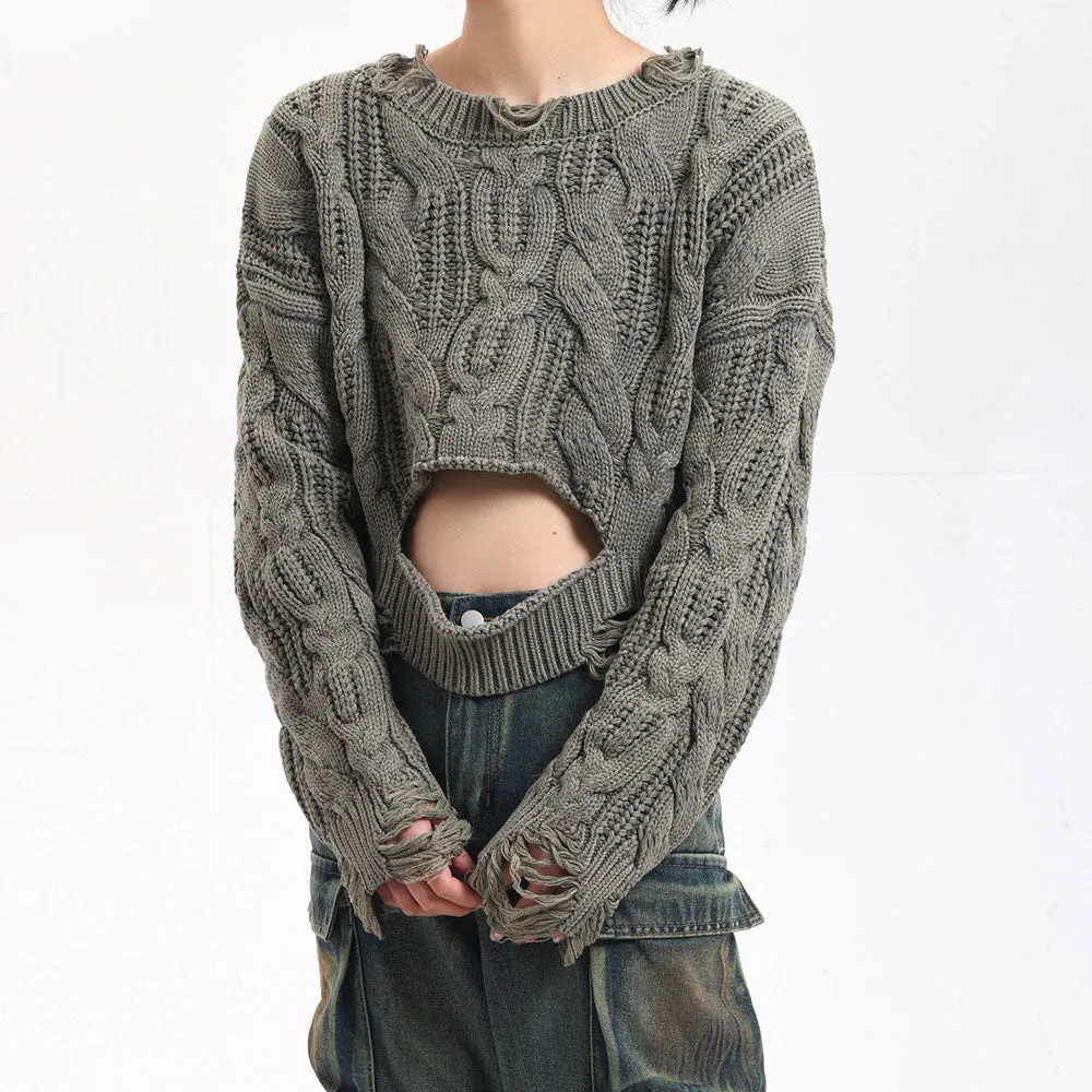 Grunge Oversize Long Sleeve Cutout Cable Knit Crop Ripped Sweater