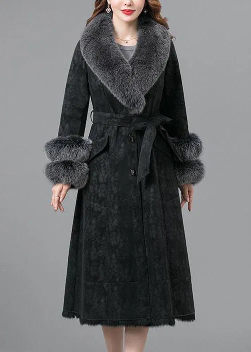 Italian Black Fox collar Sashes Pockets Leather And Fur Parka Winter