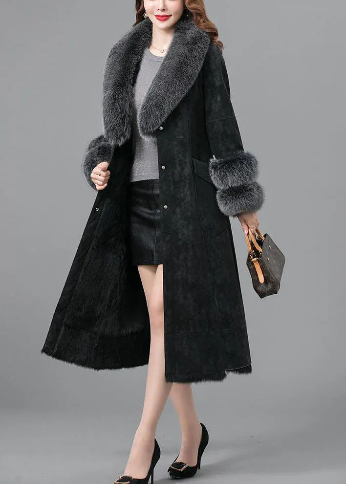 Italian Black Fox collar Sashes Pockets Leather And Fur Parka Winter