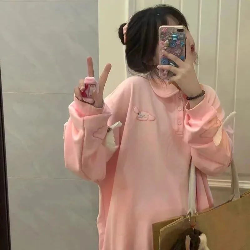 Joskaa Christmas Gift QWEEK Kawaii Hoodies for Girls Anime Polo Sweatshirt Women Long Sleeve Pink Pullovers Harajuku Sportswear Kpop Soft Cute Tops