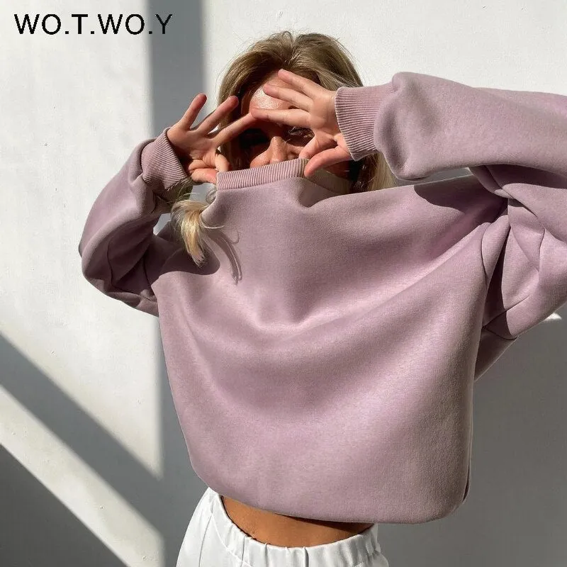 Joskaa Christmas Gift WOTWOY Autumn Winter Fur-Liner Oversized Sweatshirt Women Casual Thickening Fleece Pullovers Female Soft Warm Green Tops 2024