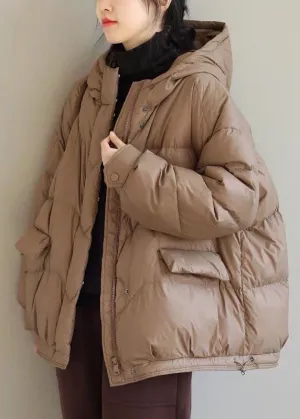 Khaki Solid Duck Down Puffer Jacket Hooded Pockets Winter