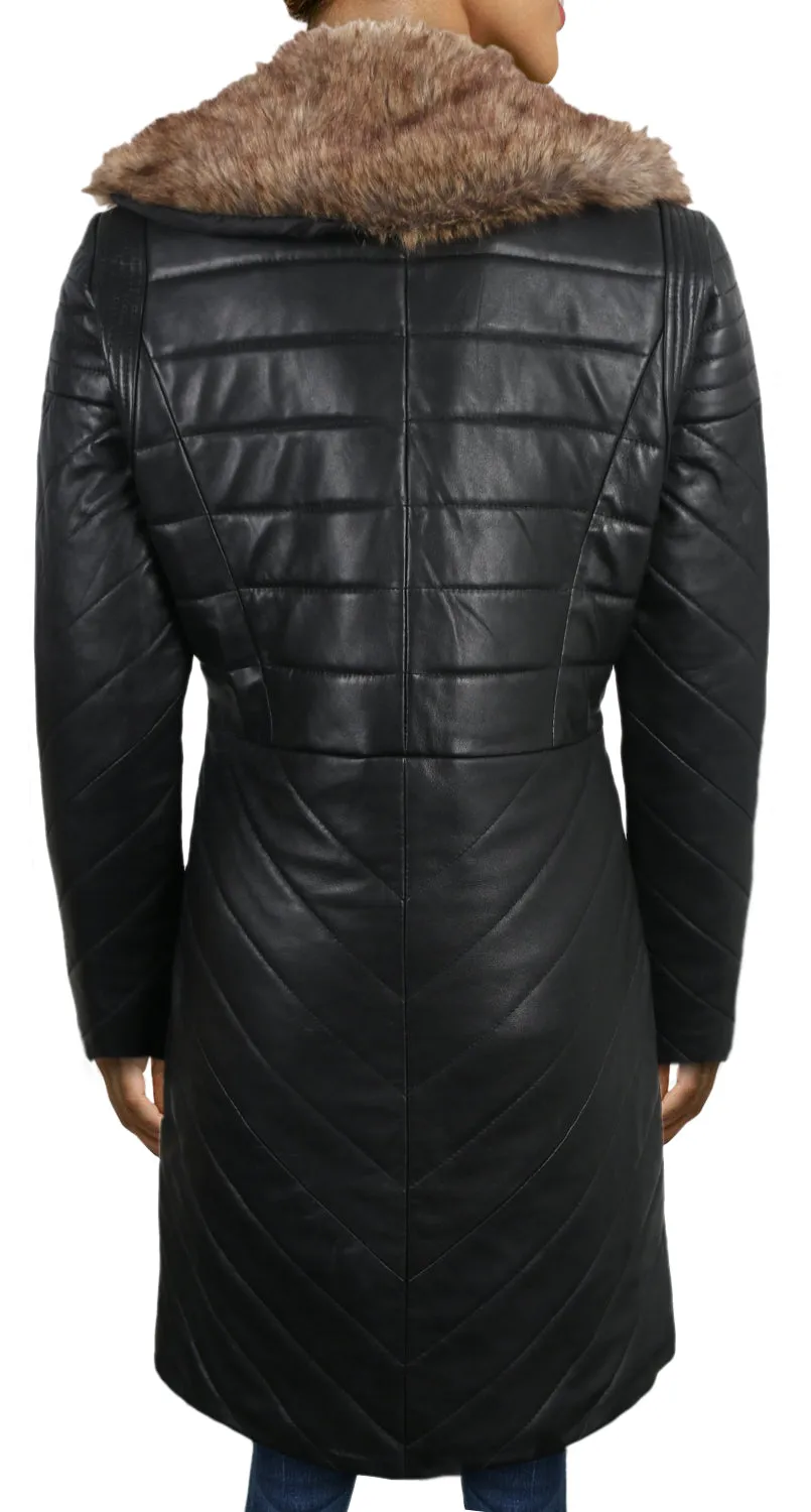 Leather Jackets Hub Womens Genuine Lambskin Leather Over Coat (Black, Shearling Coat) - 1722035