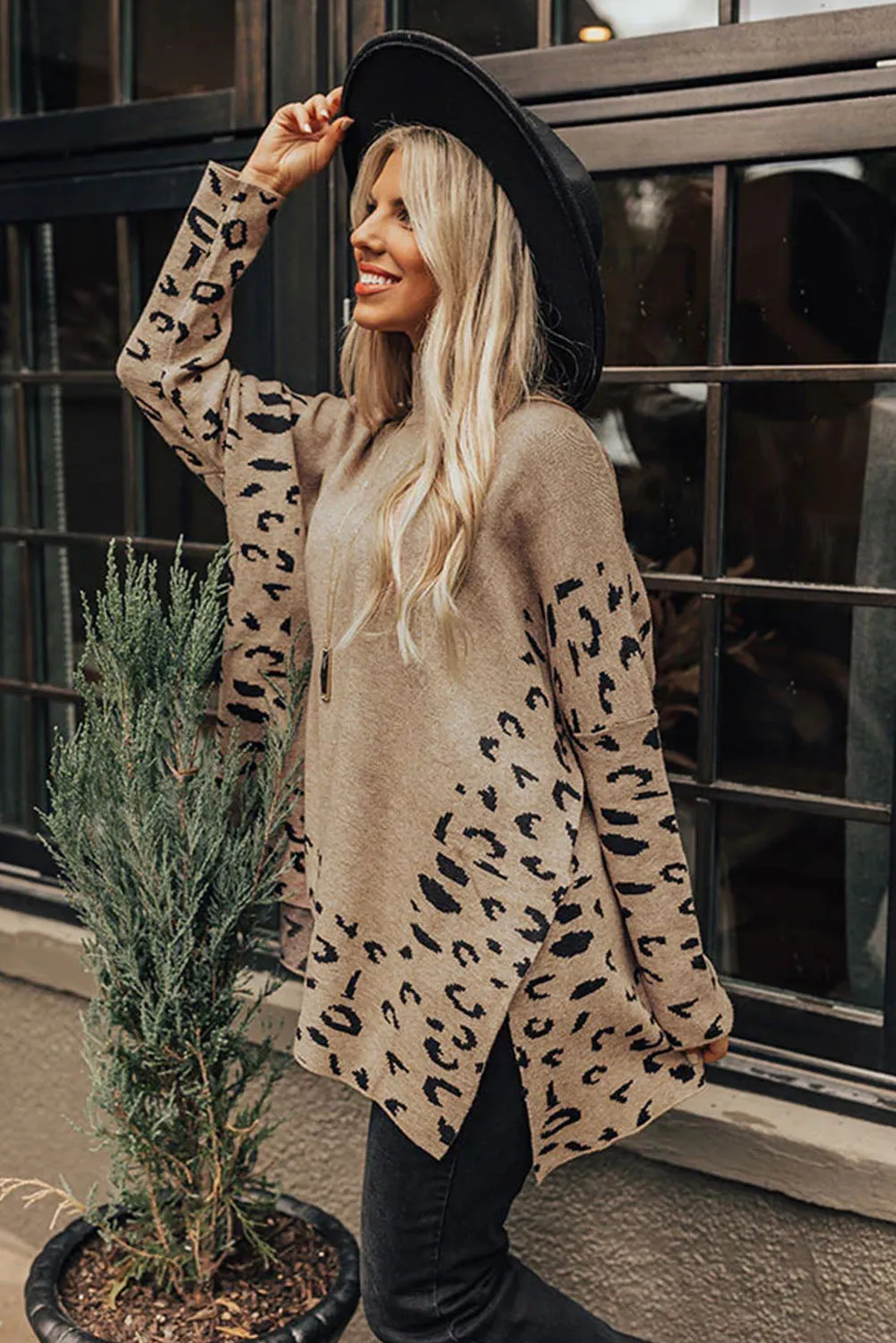 Leopard High Neck Side Slit Oversized Sweater