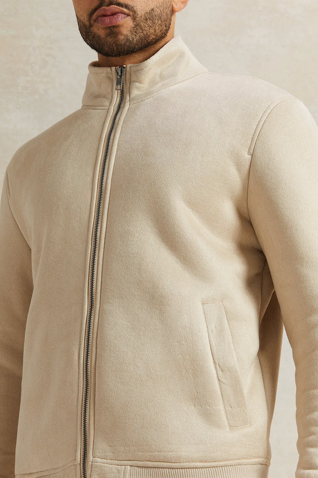 Men Beige Shearling Line Aviator Jacket